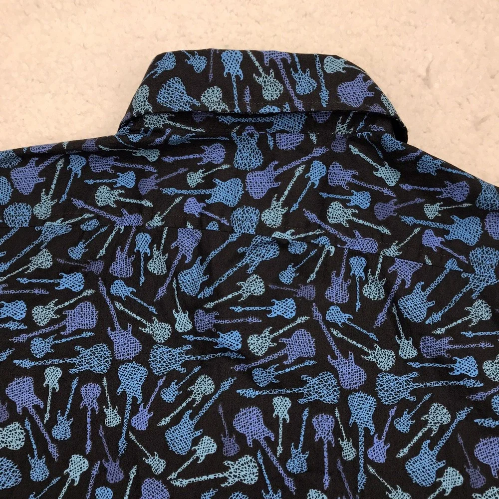 VTG Cremieux Premium Button Shirt Mens SMALL Guitars Black Blue Short Sleeve Y2K